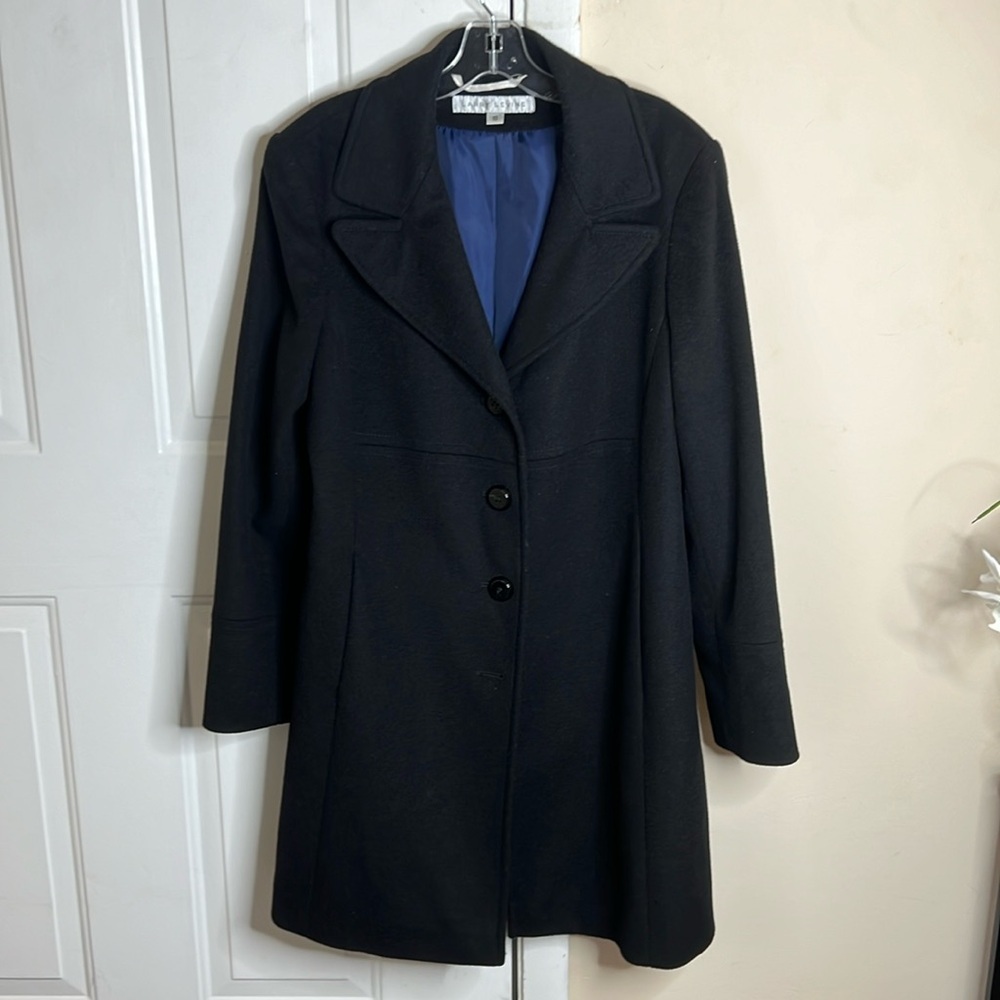 Larry Levine‎ Black Wool Blend Button Down Trench Coat Size 10
